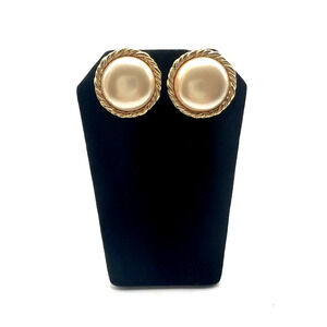 Vintage Trifari Faux Large Pearl Pierced Gold Brass Plated Earrings